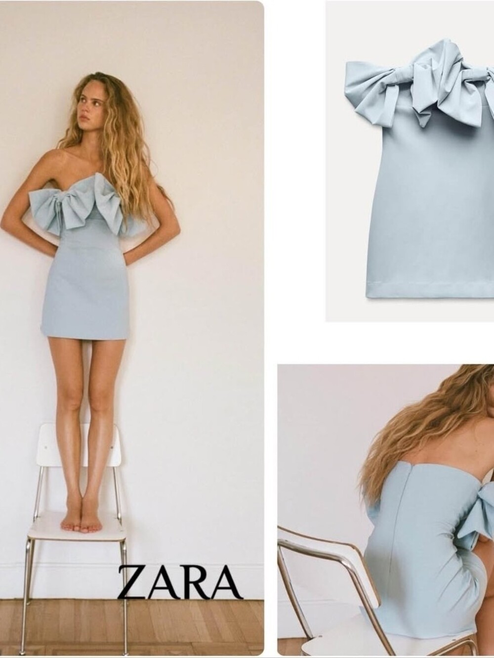 ZARA Pale Blue Strapless Mini Dress with Oversized Bows